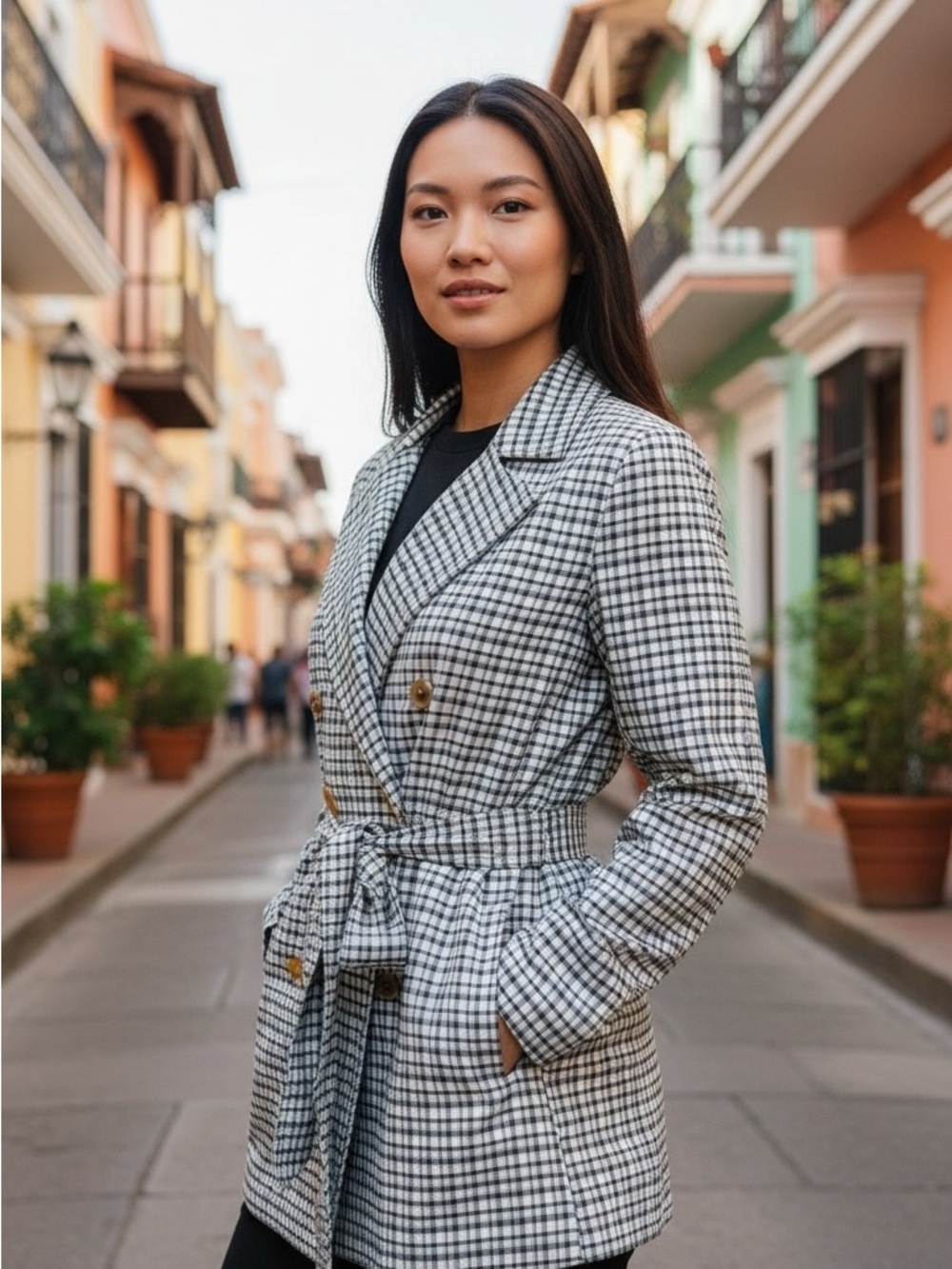 LC Lauren Conrad Plaid Belted Trench Coat